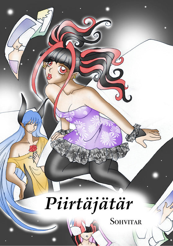 Nuori nainen, Misu, seisoo hämärällä kadulla, taustalla neonvaloja ja varjoja. Etualalla näkyy sarjakuvamainen maailma, jossa Misu herää uuden hahmon ruumiissa — silmät suurina ja ilme hämmentynyt. Taustalla surrealistisia maisemia, joissa yhdistyvät fantasia ja eroottinen taide. Tunnelma on mystinen, rohkea ja jännittävä, vihjaten identiteetin muutokseen ja seikkailuun. e-kirja PDF EPUB digitaalinen sarjakuva originaali Sohvitar Neeta Oy